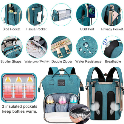3-in-1 Folding Crib Diaper Bag Backpack – Waterproof Baby Travel Changing Station | Organized & Portable