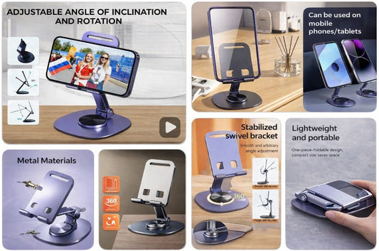 Aluminium 360° Rotating Phone & Tablet Stand – Premium Desktop Holder | Adjustable & Stable