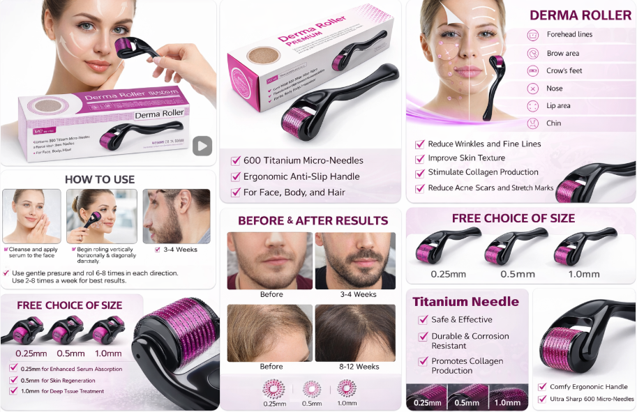 540 Titanium Derma Roller – Hair Growth & Skin Rejuvenation Tool | Microneedling Therapy