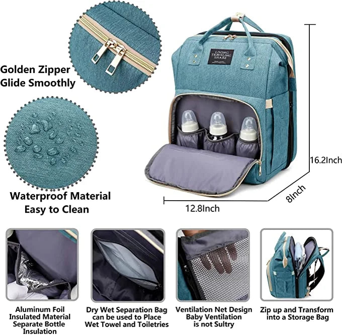 3-in-1 Folding Crib Diaper Bag Backpack – Waterproof Baby Travel Changing Station | Organized & Portable