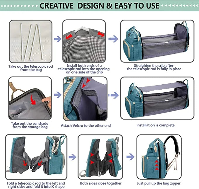 3-in-1 Folding Crib Diaper Bag Backpack – Waterproof Baby Travel Changing Station | Organized & Portable