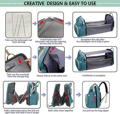 3-in-1 Folding Crib Diaper Bag Backpack – Waterproof Baby Travel Changing Station | Organized & Portable